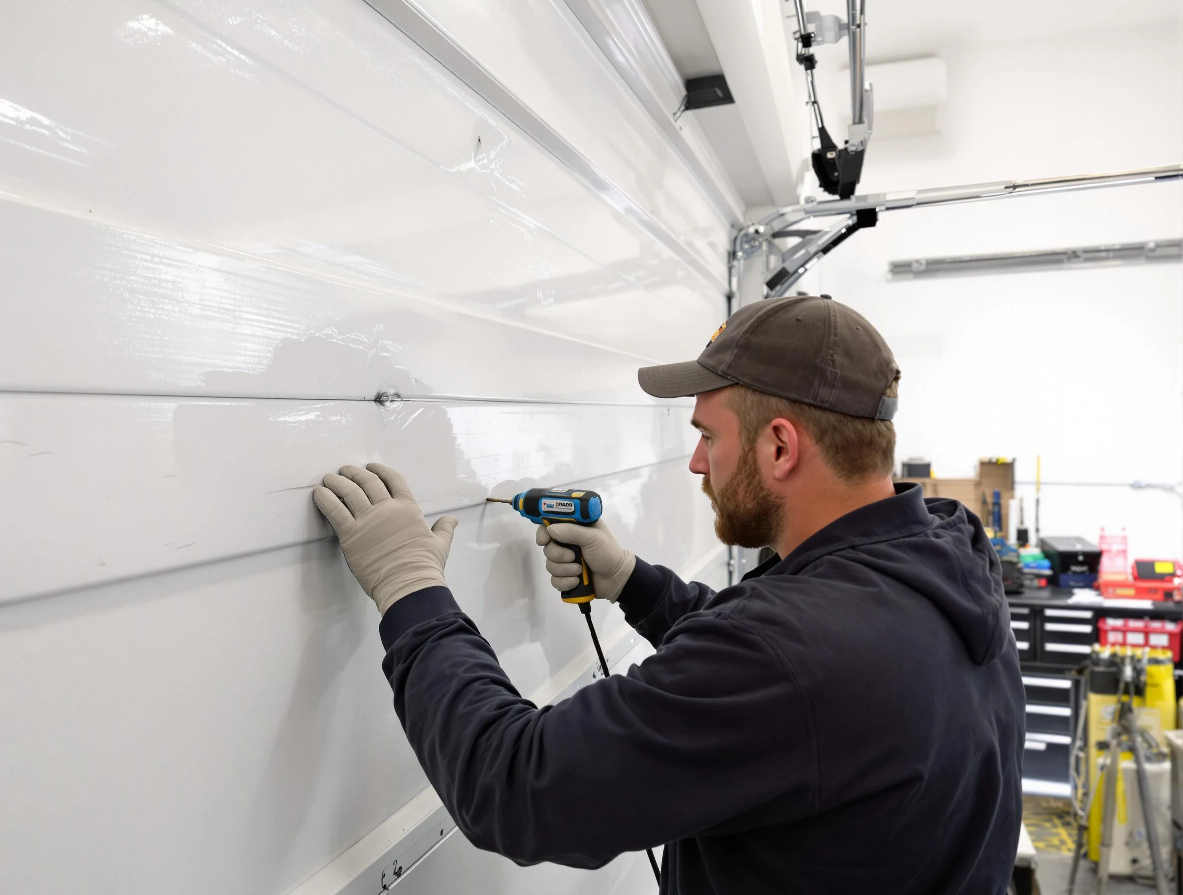 Orem Garage Door Repair technician demonstrating precision dent removal techniques on a Orem garage door
